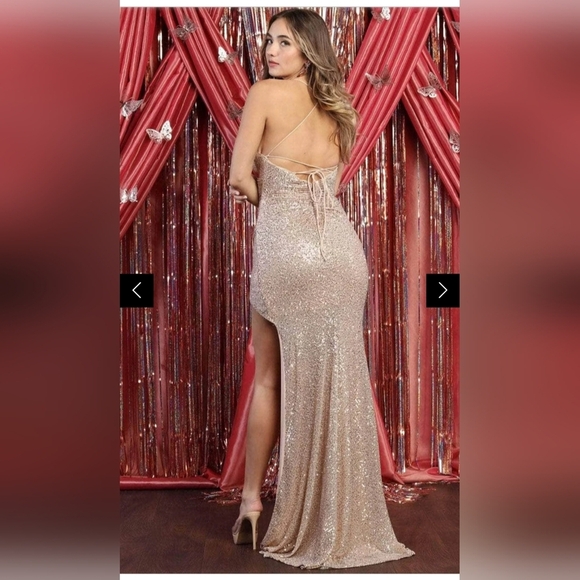 Gold Spaghetti Straps Long Prom Dress. Lace up Sequin Party Evening Wedding sz 8 - Picture 3 of 13